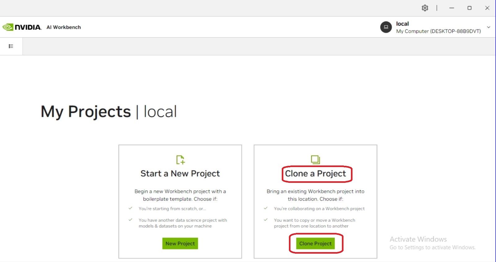 Clone Project Screen